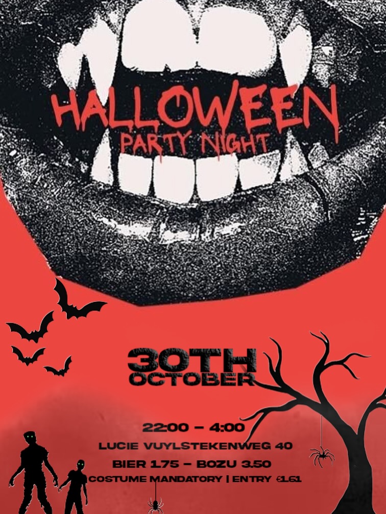 HALLOWEEN OPEN PARTY

Sign up now for the biggest sport association party of the year! There will be an inside and outside stage!

📅 Friday October 30th
📍 Lucie Vuylstekeweg 40
⏰ 22:00
🍺 Bier €1,75 - Bozu €3,50
🎟️ €1.61 ticket - Link in bio