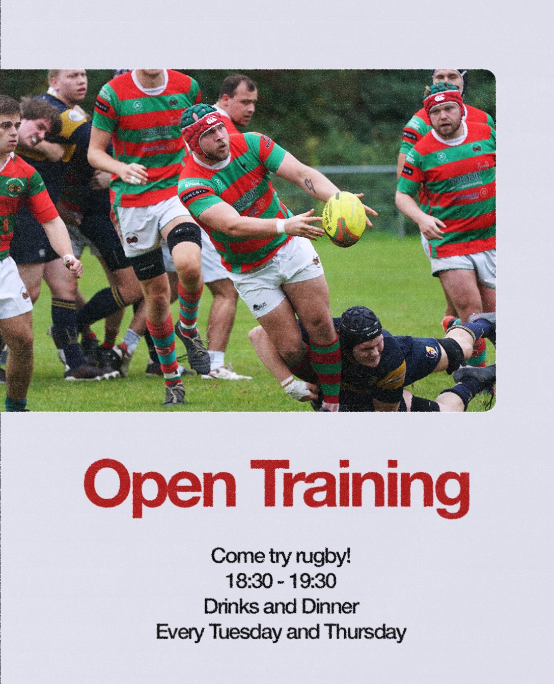 If you are interested in playing rugby come by to our open trainings to learn the sport. If you have played before you can join our normal practices from 19:30-21:00 every Tuesday and Thursday. We are looking forward to seeing you!